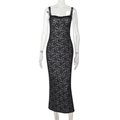 Close-up of the delicate lace floral patterns on this elegant black slim fit long dress - 2XL / Black