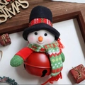Plush snowman head on red metal bell ornament with black hat and knit scarf decor - Top Hat Snowman