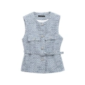 Gilet in tweed blu e bianco da donna con cintura e bottoni argentati in rilievo eleganti - XS / Azzurro