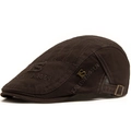 Deep brown cotton canvas flat cap with side embroidery and adjustable metal buckle back - Adjustable / Brown