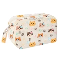 Detailed close-up of corduroy makeup bag with cute cat prints and double zipper closure - Cute Cat/Hello Kitty Style