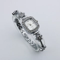 Elegant silver square quartz watch with rhinestone floral bracelet and white dial - Silver Case White Dial