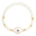 Detail of beaded bracelet with faux pearls, golden hearts, and evil eye charm - BE1640WH08-Rhombus Evil Eye with Heart Spacers