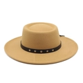 Detail of camel wool fedora hat with black leather band and silver star rivets - M (56-58cm) / Camel