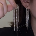 Silver heart-shaped stud earrings featuring elegant long full rhinestone tassels - Heart Rhinestone Link Tassel / Silver