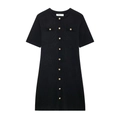 Detail of black short-sleeved knit dress with gold buttons and round neckline - S / Black