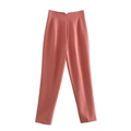 Detail of coral pink high-waisted tailored trousers with front pleats and smooth fabric - XS / Coral