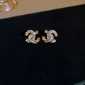 Detail of gold-plated earrings with double-C shape and sparkling zircon stones - Gold Full Diamond Double C Style (18#)