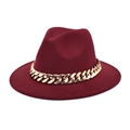 Detailed close-up of burgundy fedora hat with chunky gold chain decoration - M (56-58cm) / Burgundy