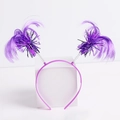 Detail of purple party headband with festive feathers and metallic spring on white stand - Single Headband / Purple Wig