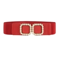 Red elastic waist belt featuring a double square gold buckle with elegant pearl accents - Red