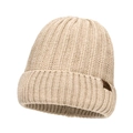 Beige ribbed knit beanie for men featuring a brown leather snowflake patch - Beige