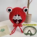 Red knit baby winter hat with frog eyes and warm fleece lining for boys and girls - Red Frog - Fleece Lined