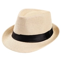 Close-up of beige straw fedora with breathable mesh weave and black satin decorative ribbon - 58cm (Adjustable) / Off White