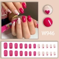 French rose red and white square press-on nails set with red heart patterns - Rose Red French Heart Style (W946-Glue Type)