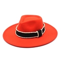 Close-up of red wool felt fedora hat featuring a black ribbon with white bead detailing - M (56-58cm) / Orange Red