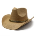Dettaglio cappello da cowboy in paglia con nastro decorativo nero oro e tesa larga - M (56-58cm) / Cachi