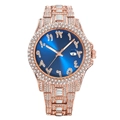 Rose gold iced-out watch with blue sunray dial and Arabic-Indic numerals for men - Rose Gold Case Blue Dial