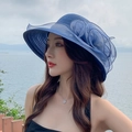 Elegante cappello da sole blu da donna con decorazione floreale in organza all'aperto - Blu Notte
