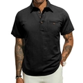 Men's black short sleeve cotton linen Henley shirt with buttoned collar and chest pocket - S / Black