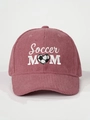 Close-up of Soccer MOM embroidery on dusty pink corduroy baseball cap texture - Dusky Pink