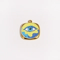 Detailed view of square gold evil eye pendant with vibrant yellow and blue enamel art - Yellow Polka Dot Eye Style (Style 3)