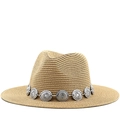 Handwoven khaki Panama straw hat with vintage silver sunburst metal accents for men - Khaki / M (56-58cm)