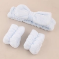 Light blue coral fleece set with a large bow headband and two absorbent wristbands - Light Blue - 3-piece Set (the Wrists Have 3 Hand-stitched Seams)