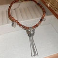 New Chinese style wooden bead necklace featuring silver butterfly pendant and metallic tassels - Brown Wood Bead Butterfly Tassel Style