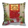 Close-up of Christmas tree and red door illustration on a peach skin pillowcase - 18x18 Inch / 12