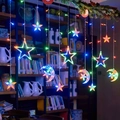 LED star and moon fairy string lights with colorful glow for holiday window decor - Multicolor Star Hugging Moon / Plug-in 220V