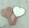 Sparkling pink rhinestone heart-shaped handheld makeup mirror with crystal handle - Pink Heart Shape 110*165mm