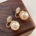 French vintage large cream pearl ear clips with gold U-shape frame and silicone pads - 12mm Mosquito Coil Ear Clips 1 Pair / Style 2074 For Non-Pierced Ears