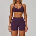 Deep purple backless yoga set featuring halter sports bra and high waist shorts - S / Bra Style 2 + Shorts / Dark Purple