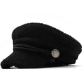 Gorra baker boy negra de lana de cordero con cordón trenzado y botón metálico retro - 56-60cm Ajustable / 01 Negro