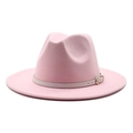 Detail view of pink wool felt fedora featuring a beige leather band with gold buckle - Pink