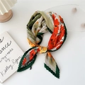 Pleated square scarf featuring orange floral patterns and green geometric accents - 70cm / Sunflower Pattern