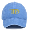 Close-up of yellow TPD 3D embroidery on sky blue cotton twill baseball cap - One Size / Light Blue