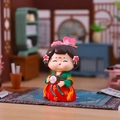 Cute Tang style lady figurine in green and red dress holding a traditional fan - Gentle Breeze - Large (1056-20)