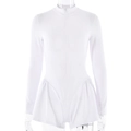 Close-up of white long-sleeve bodysuit featuring front zipper and ruffled skirt detail - S / White