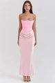 Detalle del corpiño de corsé rosa sin tirantes y la textura de seda brillante del vestido - XS / Rosa