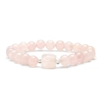 Elegant natural pink stone beaded bracelet with a square-cut center crystal on white background - Pink Chalcedony