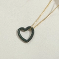 Elegant gold heart pendant necklace with green pave zircon inlay and fine O-chain - Gold / Dark Green Zirconia