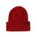 Detail of red cable knit beanie featuring a leather patch with metal buckle and text - M (56-58cm) / Red
