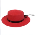 Red straw fedora hat featuring black leather band and silver star rivets for sun protection - Five-pointed Star Studded Band Style (301A)