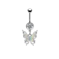 Macro shot of silver belly ring with holographic butterfly pendant and sparkling zircon stones - Iridescent Holographic Butterfly