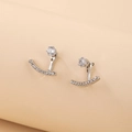 Detail of silver ear jacket featuring a central zircon stud and curved diamond pendant - Two-Way Wear Arc Style (HE6006) / Silver