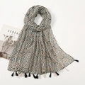 Linen cotton scarf with black wave print and tassel details in minimalist style - Xb483 / 180*90CM