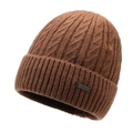 Winter windproof knitted beanie in dark brown with textured cable knit and metal logo tag - One Size / Coffee