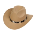 Detail of khaki felt western cowboy hat featuring black leather band and silver buckles - M (56-58cm) / Camel (166-E)